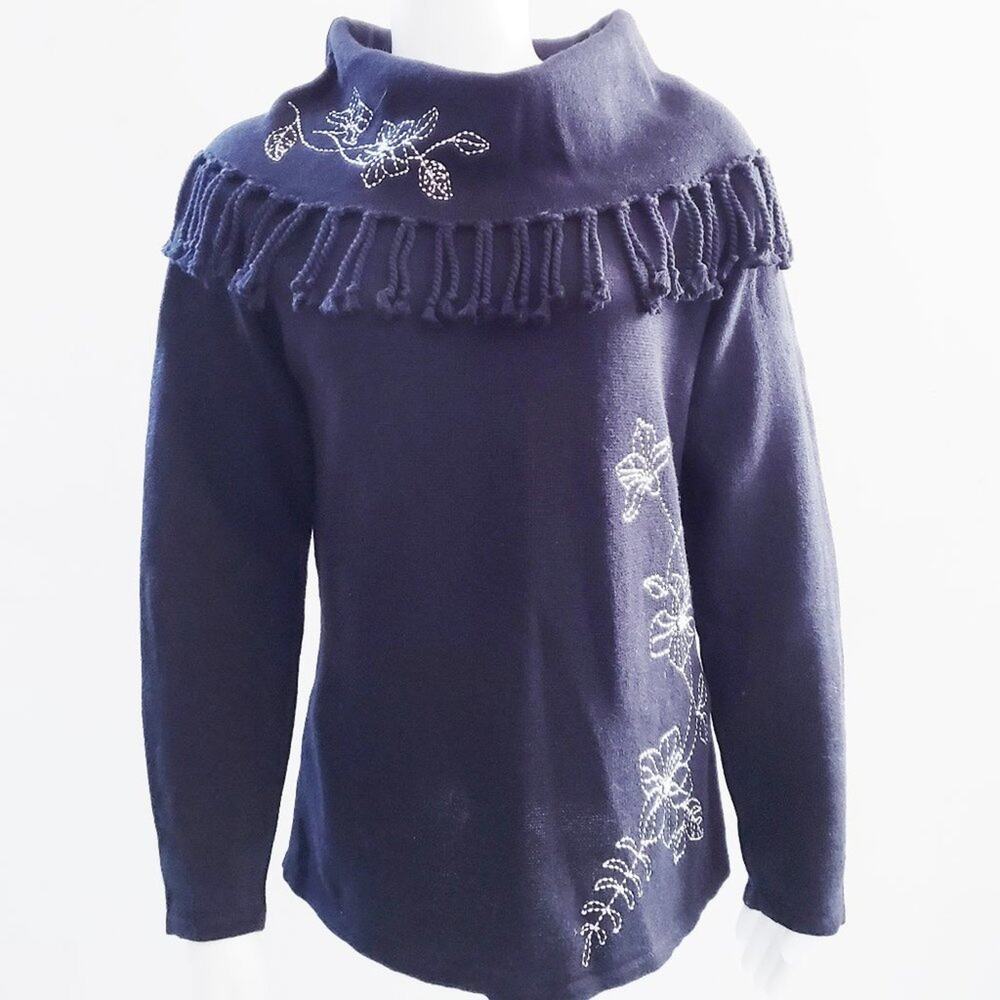 Erika Embroidered Tasseled Cowl Neck Sweater Medium